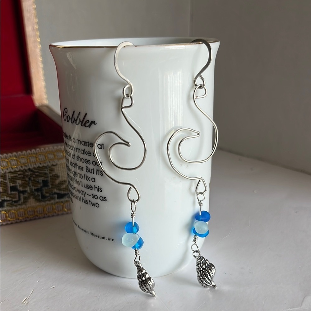 Silver wire and Blue sea glass Drop Earrings